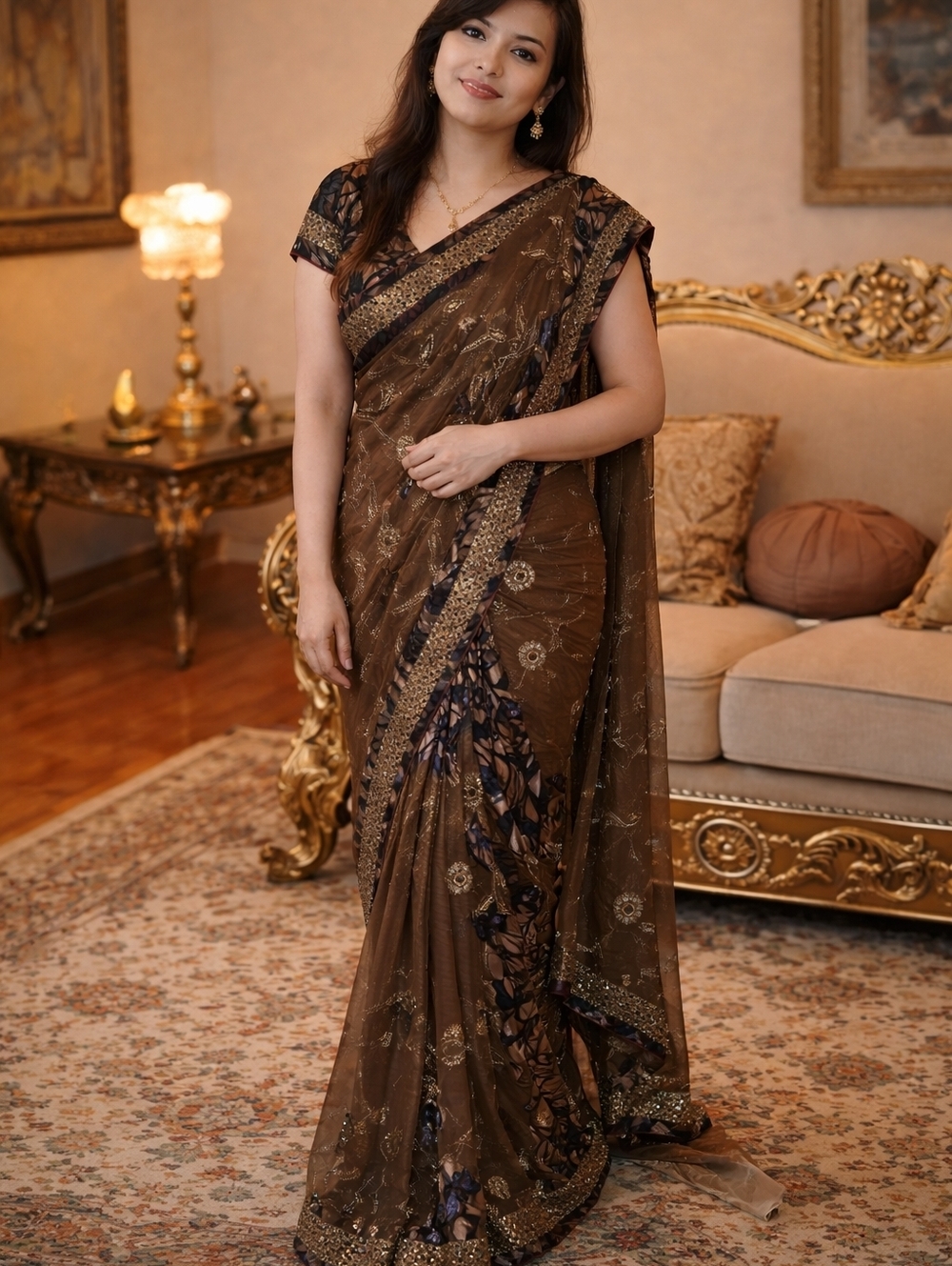 Eid Sale Elegant Brown and Gold Sari